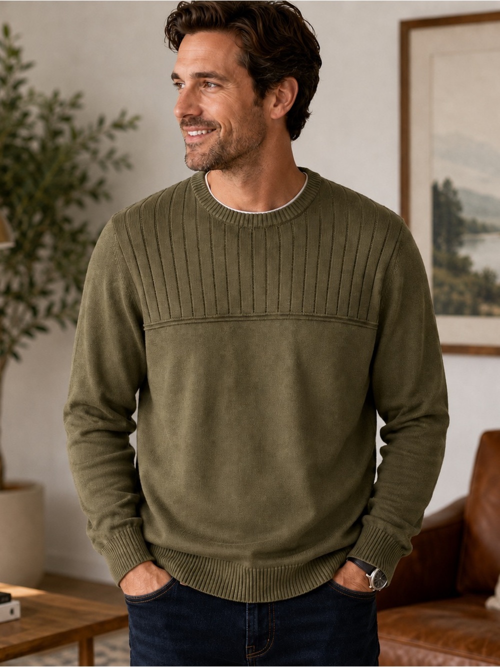 NWT John Ashford Men’s Olive Green 100% Cotton Rib Knit Crewneck Sweater Large